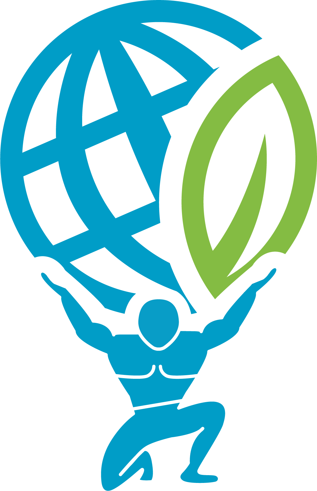 A stylised icon of Atlas carrying a globe with a green leaf symbol, representing sustainability and global management.