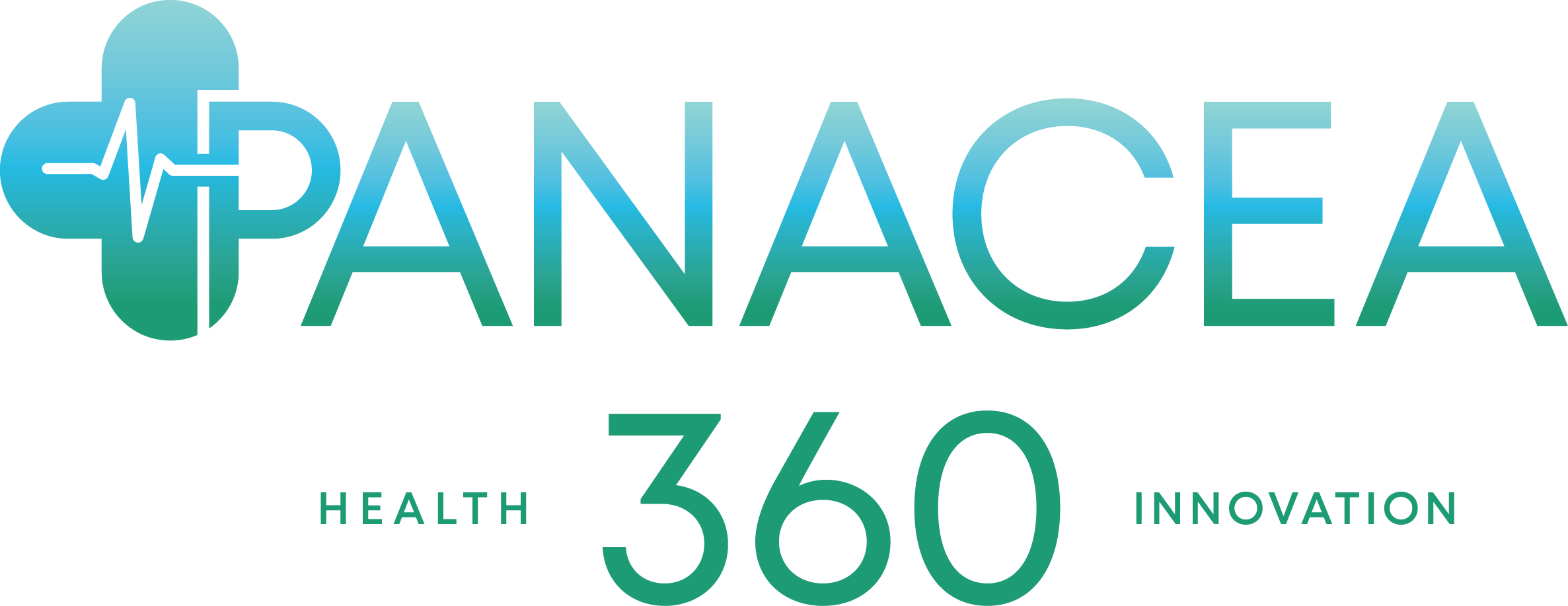 Panacea360 logo featuring a gradient cross with a heartbeat line and the tagline 'Health Innovation' in matching green tones.