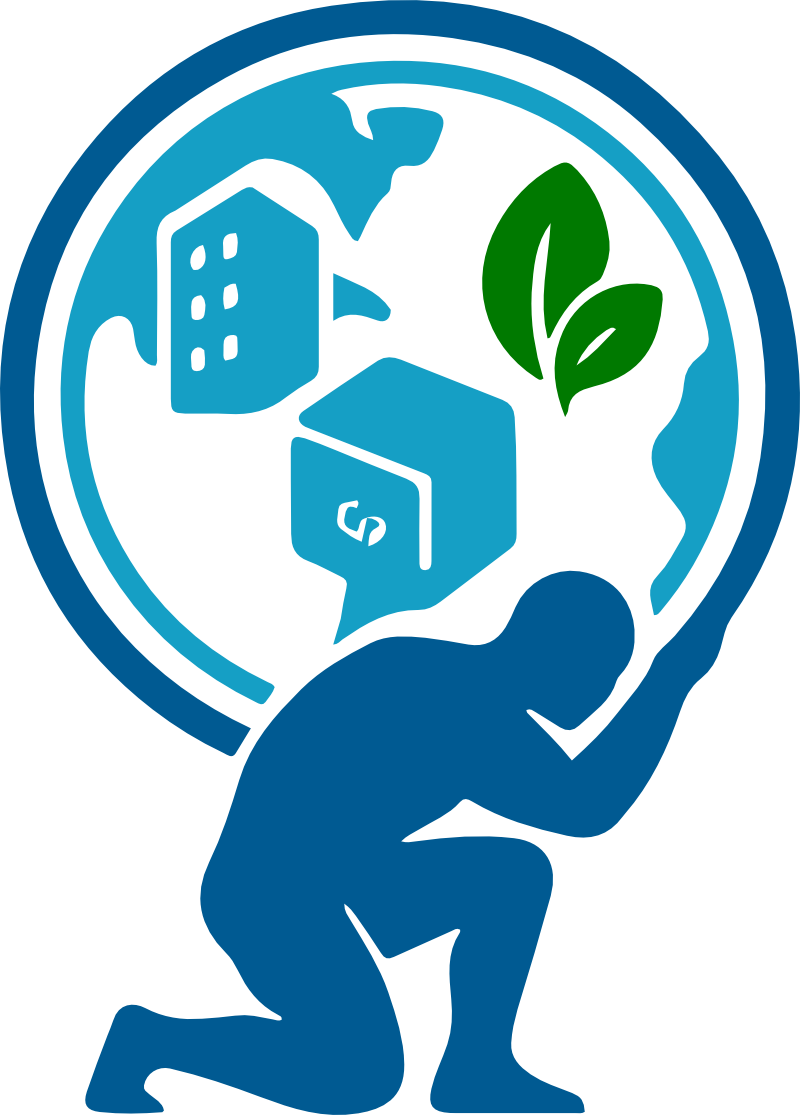 Atlas Assets Icon Icon of Atlas carrying the Earth with icons of a building, a server, and green leaves inside the globe