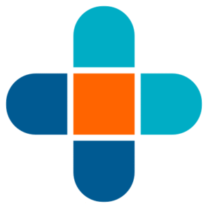 Cross symbol composed of blue, cyan, and orange segments with rounded edges