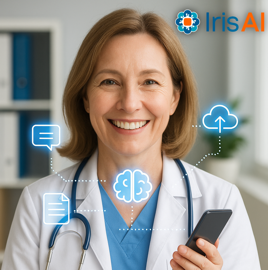 A smiling female healthcare professional holding a smartphone, surrounded by digital icons representing messaging, documents, cloud upload, and AI, with the Iris AI logo in the top-right corner.