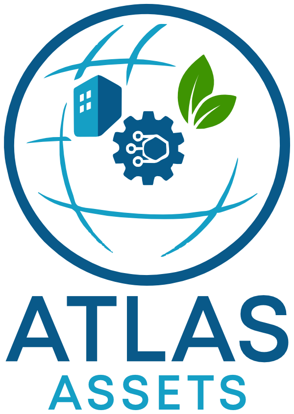 Atlas Assets logo featuring a modern blue globe with a building, gear, and green leaf icons symbolising facilities, technology, and sustainability.