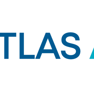 Atlas Assets icon showing a blue globe outline with a building, two green leaves, and a central gear symbol representing facilities, sustainability, and intelligent asset management.
