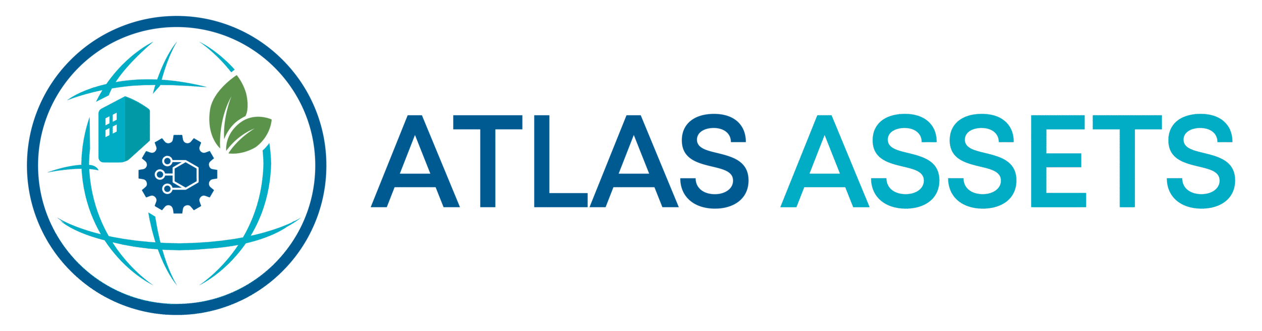 Atlas Assets icon showing a blue globe outline with a building, two green leaves, and a central gear symbol representing facilities, sustainability, and intelligent asset management.