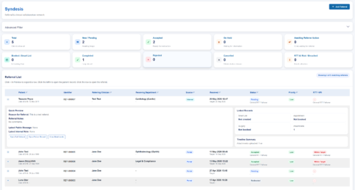 Panacea360 Syndesis overview screen showing referral status widgets, advanced filters, referral list, quick preview, linked records, attachments, and RTT/KPI status.