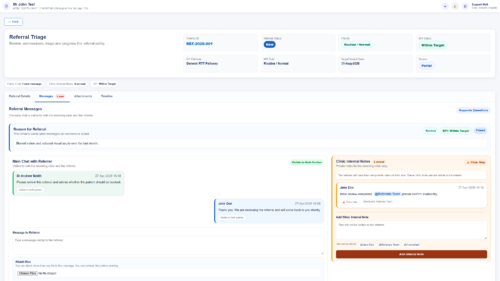 Panacea360 Syndesis referral triage screen showing referral messages, shared communication with the referrer, clinic internal notes, KPI status, referral status, priority, and target breach date.