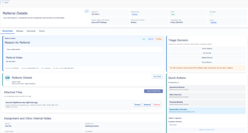 Panacea360 Syndesis referral details screen showing referral information, triage decisions, referrer details, attached files, clinic internal notes, and quick actions.